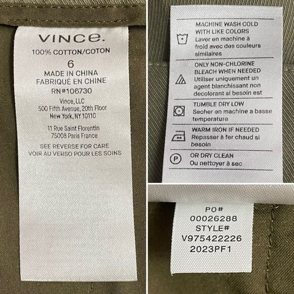 Vince Olive Green Cotton Twill Straight Leg Cropped Pants Size 6 Casual Utility - Picture 10 of 12